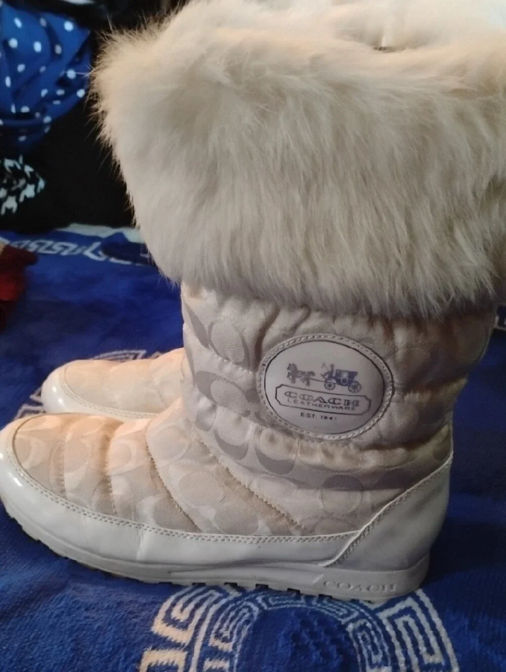 Coach Cream Quilted Winter Boots with Faux Fur Cuff